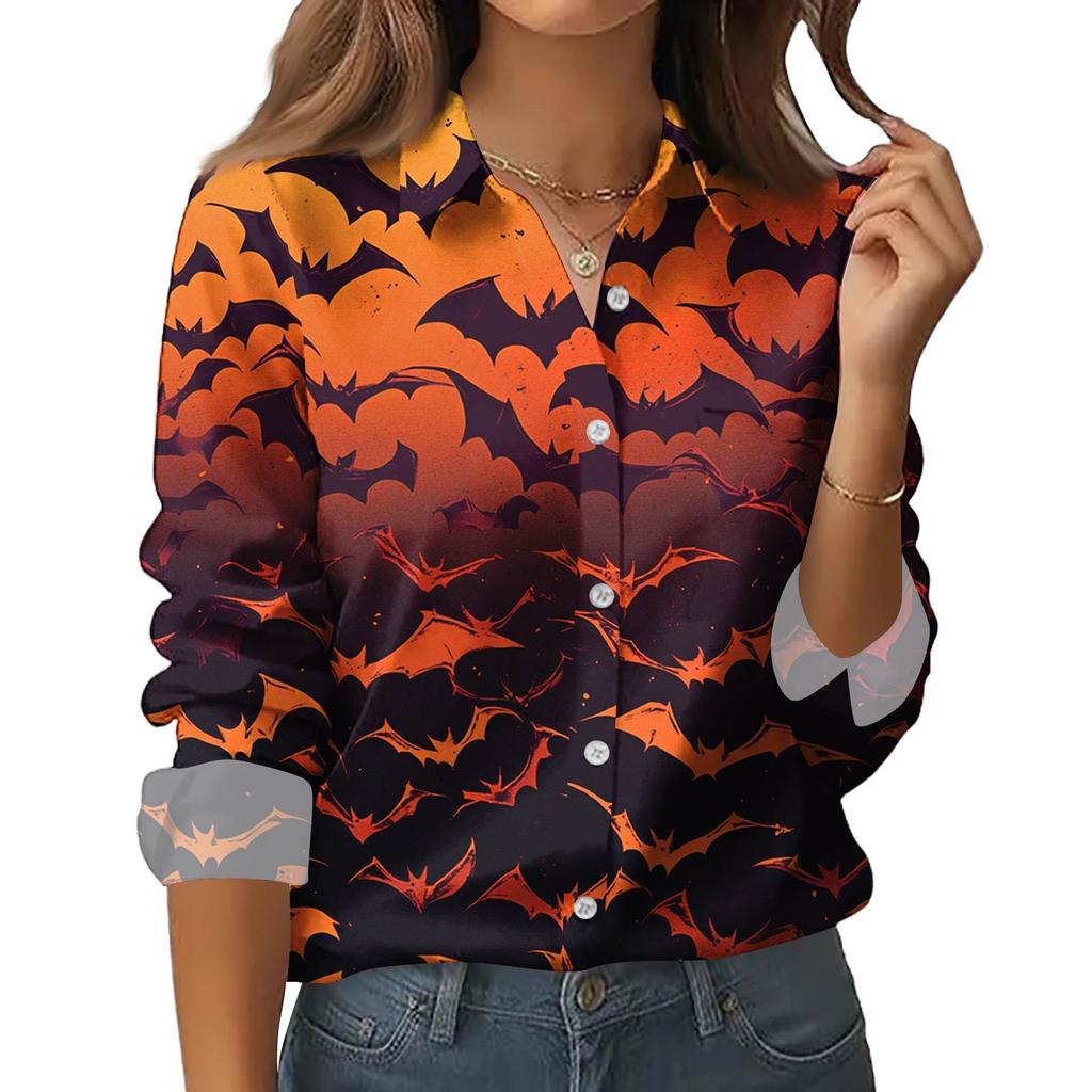 Женская рубашка-блузка с принтом и пуговицами, длинный рукав, повседневный базовый рубашечный воротник, обычный топ