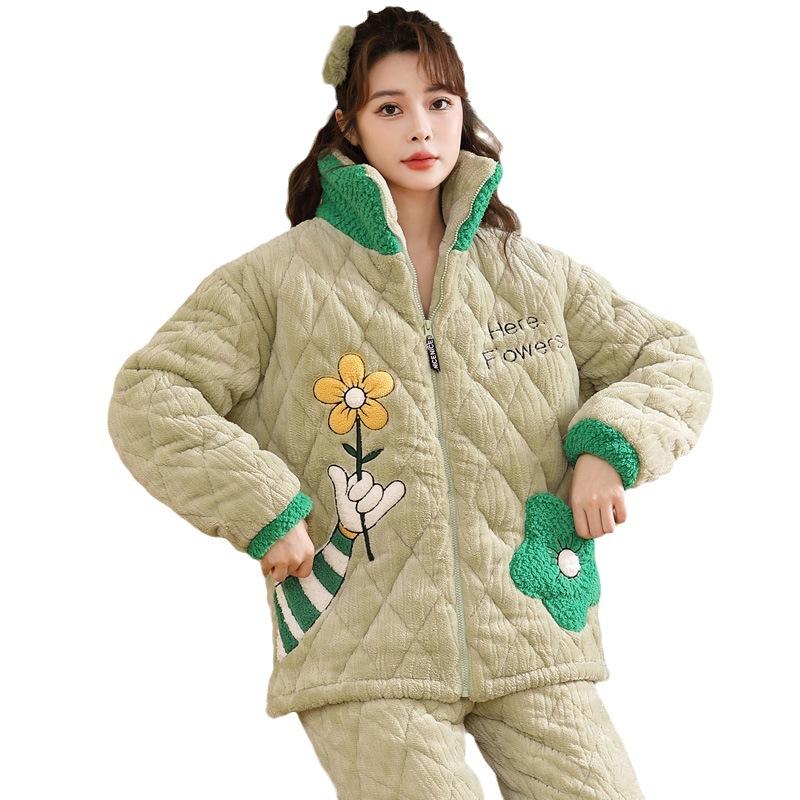 Коралловая бархатная трехслойная стеганая куртка и пижама для женщин Зимний фланелевой домашний костюм с очень толстой теплой молнией и бархатом