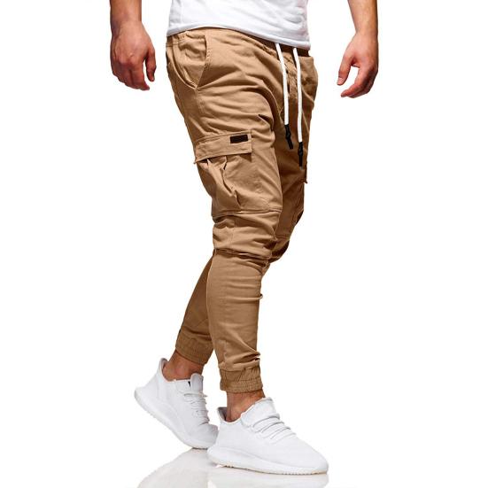 Men Thick Cargo Pants Drawstring Waist Warm Jogger Pants Autumn Winter
