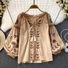 Women O Neck Puff Sleeve Print Heavy Shirt Panelled Lace Up Embroidery Style Blusas Tassels