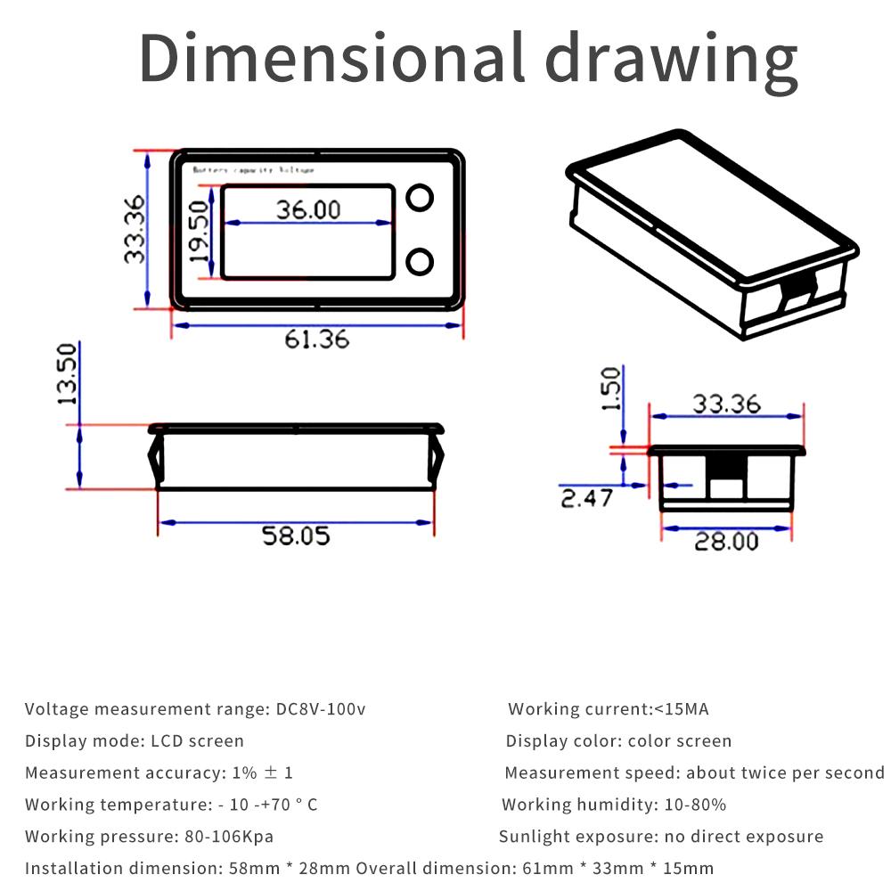 Вольтметр емкости аккумулятора DC 8В-100В Индикатор Измеритель мощности Литиевый LiFePO4 свинцово-кислотный Элемент 12В 24В 48В с температурной сигнализацией