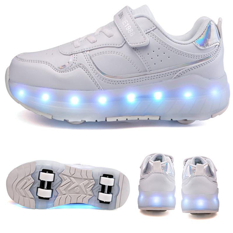 Kid's Lights Sports Shoes Rubbing Shoes Solid Magic Patch Can Charging Double-row Four-wheel Slide Shoes