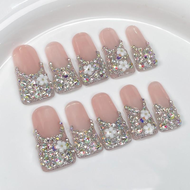 Long Duckbill Press-On Nails With Full Rhinestone Sparkle French Design Handmade Artificial Tips Women