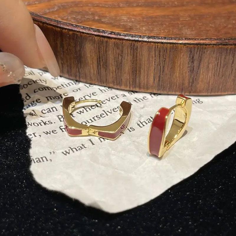 Red Ear Buckle Earrings Temperament Light Luxury Niche Design French Retro Square Earrings