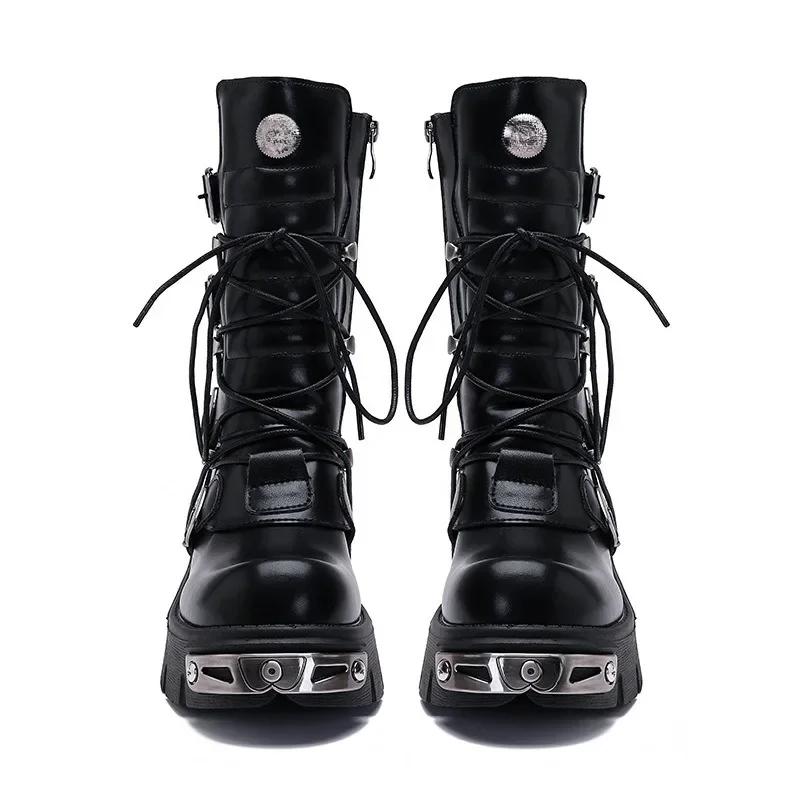 Модные Ретро Мотоботы с Металлической Декорацией в Виде Перекрестных Ремней Европейско-Американский Повседневный Унисекс Панк Рабочая Одежда Рок Толстая Подошва Короткие Ботинки