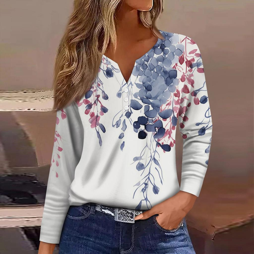 Women's T Shirt Tee Button Floral Print Long Sleeve Daily Weekend Fashion Basic V-Neck Regular Top