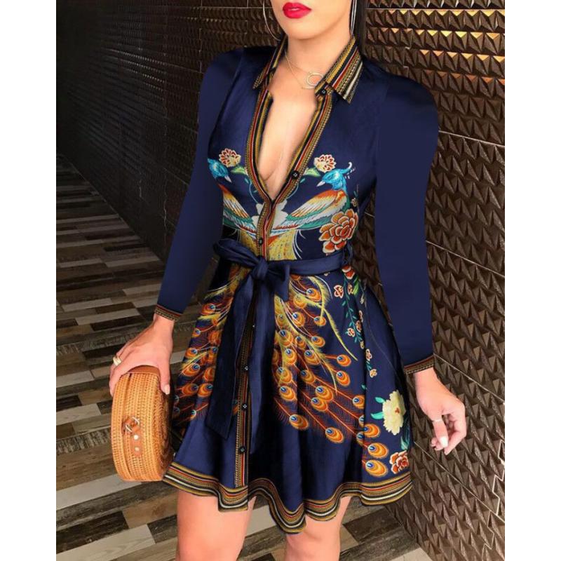 Danmo Women Printed Long Sleeve Dress Casual Bandage Mini A-line Dresses Sexy Party Feminias Vestidos Women Clothes