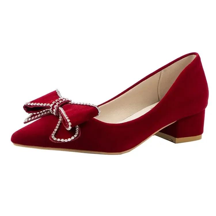 Design Shoes Spring/Autumn Pointed Toe Party Women's Thick Heels Fashion New Bride Red Suede Wedding Shoes Zaptos Mujer