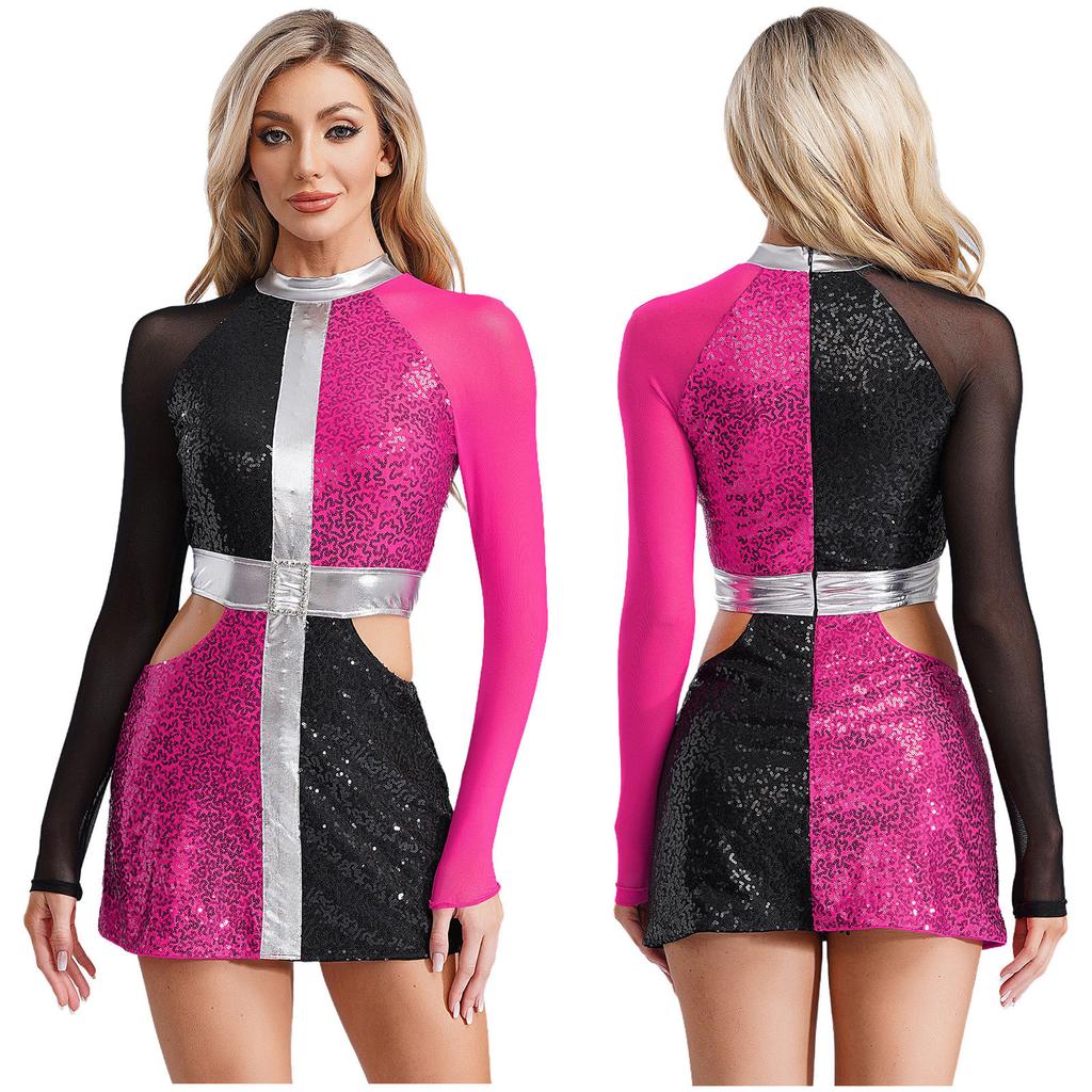 Women‘s 1960s Glitter Sequin Dress Long Sleeve Hollow Out Color Block Mini Sparkle Party Costume for Swinging Night Out