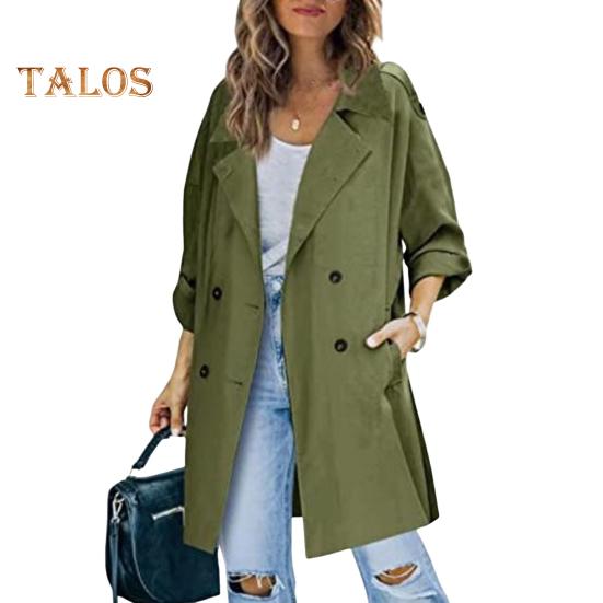 Осень-весна Женская ветровка с отложным воротником и воротником-стойкой Двубортное свободное пальто средней длины Однотонное пальто для поездок на работу Пальто для походов