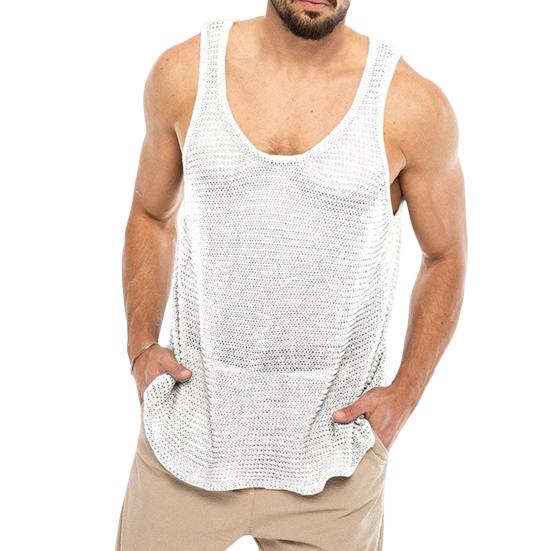 Men Summer Knitted Tops O-neck Sleeveless Solid Color Loose Fit Pullover Tops Stretchy Vest Streetwear