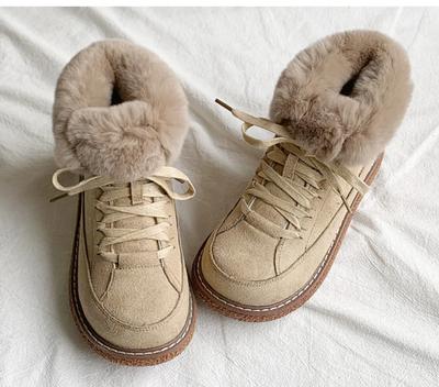 Зимние ботинки женские из коровьей замши со шнуровкой, ботильоны, теплая шерсть, женская зимняя меховая обувь ручной работы