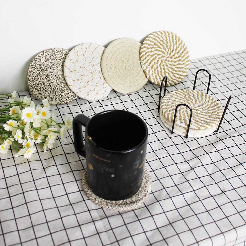 8pcs Coasters Made of Cotton Absorbent Coaster Wrought Include Iron Coaster Storage Rack for Home Desktop Kitchen