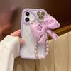 For iPhone 16 Plus Case Glitter Epoxy Design TPU+PC Phone Back Cover with Bow Strap,Rhinestone Decor
