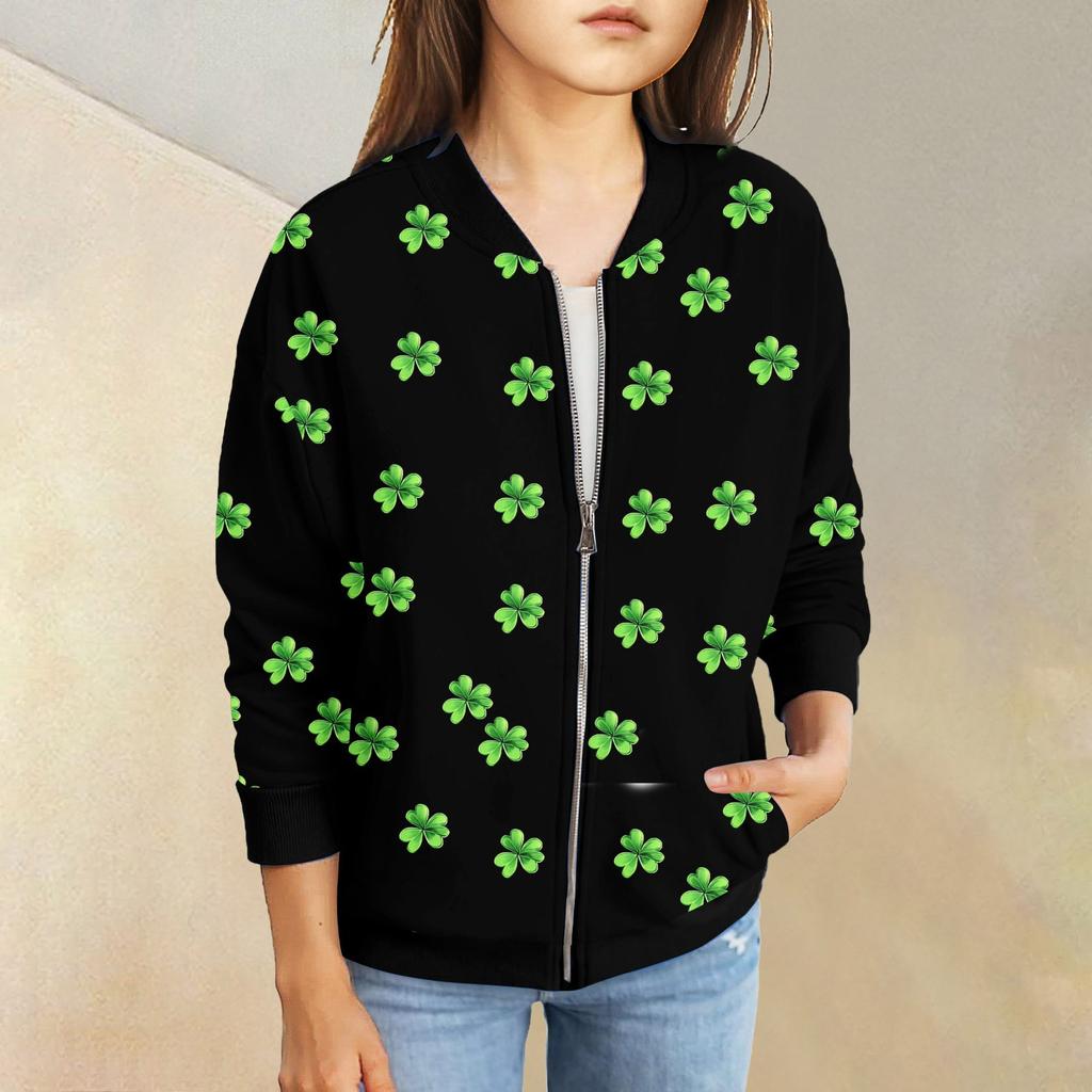 Девочки куртки на молнии детские осенние толстовки с длинным рукавом верхняя одежда с карманами St. День Святого Патрика 5-15 лет