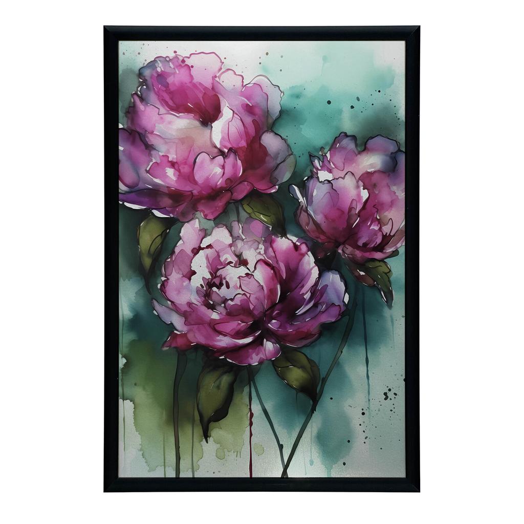 Розовые Пионы На Зеленом Фоне Розовые Пионы На Зеленом Фоне, 30x40 См, Черная Алюминиевая Рама, Матовая Бумага 230 г/м²