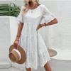 Модное однотонное хлопковое кружевное платье с вышивкой