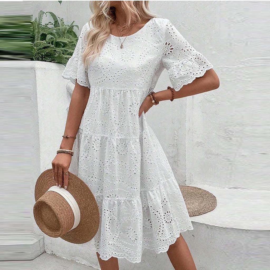 Модное однотонное хлопковое кружевное платье с вышивкой