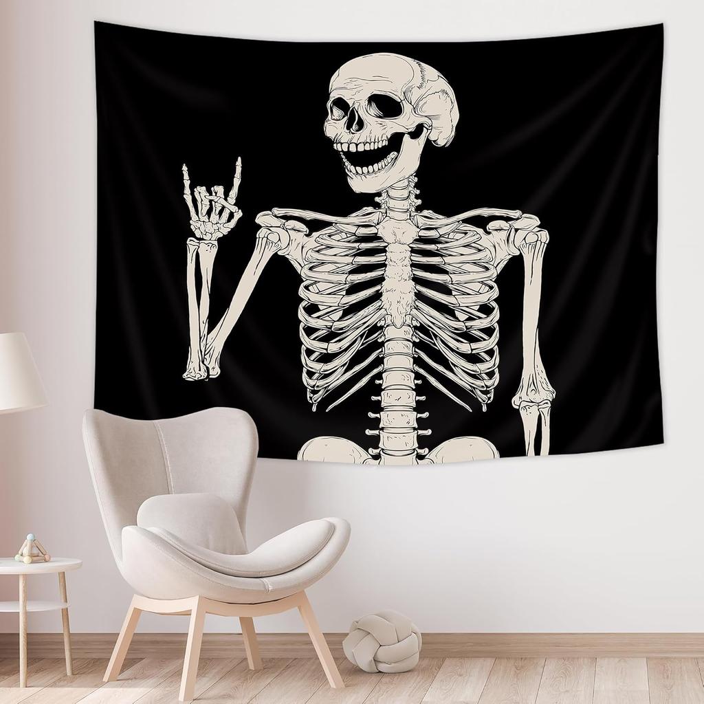 Riyidecor Skull Skeleton Tapestry Wall Hanging 51Hx59W Inch Funny Black and White Theme Home Decor for Men Women Gothic Hippie Halloween Bohemian