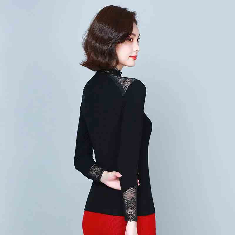 Рубашка с кружевным низом, универсальный маленький кружевной пуловер, модный тонкий женский черный эластичный топ с внутренней стороны, весна-лето