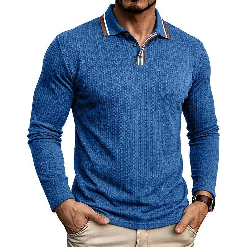 Men S Long Sleeve Polo Shirt Vintage Jacquard Solid Color Casual Top