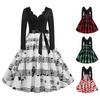 Ladies Vintage Dress V Neck Flower Edge A-line Bow Decor Big Swing Plaid Print Midi Dress Contrast Color Long Sleeve Gothic Christmas Party