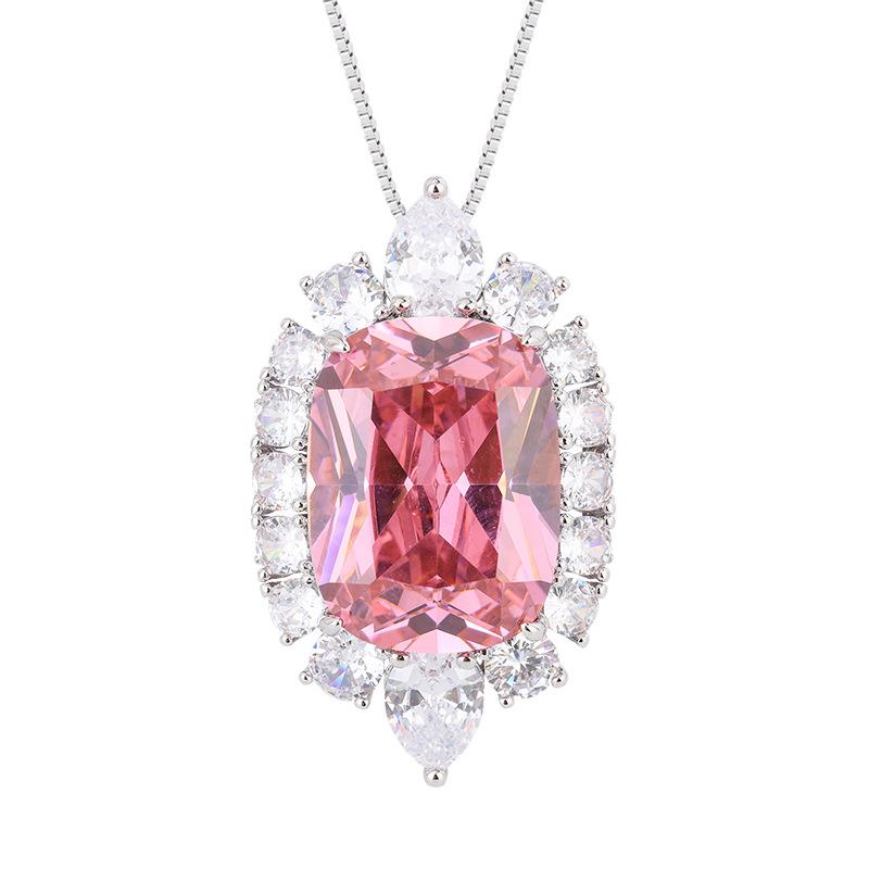 Jewelry Copper Bottom Gold-Plated Simulation Pink Diamond Temperament Light Luxury Pendant Ring Set Female Fat Square Owner 15 * 20