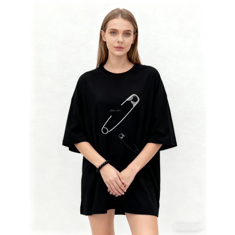 Oversized T Shirt Black Safety Pin Print With Text Casual Streetwear For Women