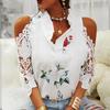 Summer Female Strapless Tops Casual Sexy Hollow Flower Printed Women Blouse Elegant V-Neck Short Sleeve Lace Shirt