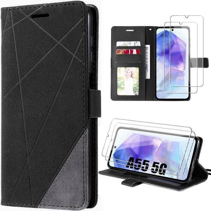 Защитный чехол - BOOLING - для Samsung Galaxy A55 5G - Черная искусственная кожа - 2 Закаленных стекла - Многопозиционный