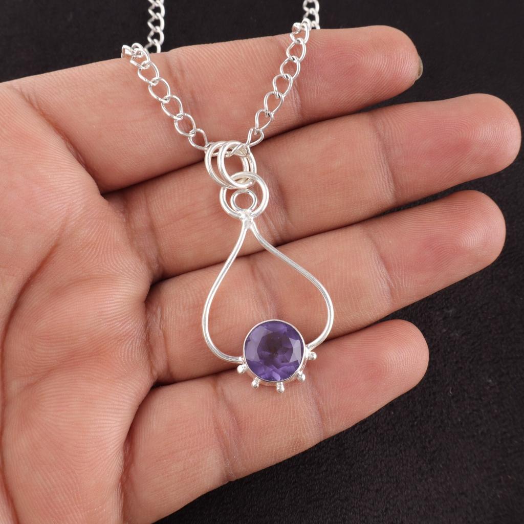 Round Iolite Gemstone 925 Silver Handcrafted Unique Trendy Anniversary Pendant PP-40-14