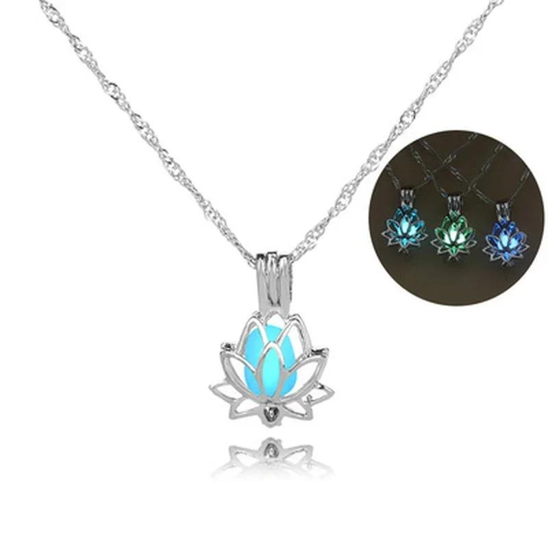 Tri-color Retro Luminous Moonstone Pendant Necklace Female Jewelry Long Chain Lotus Buddha Gift Accessories for Women