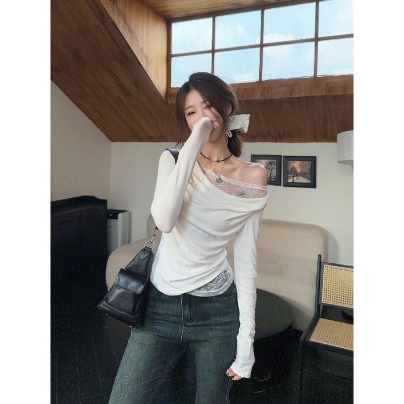 Футболка с кружевной вставкой в стиле Pure Desire с открытыми плечами и длинными рукавами для женщин, Короткий топ с открытыми плечами для похудения и формирования фигуры на осень