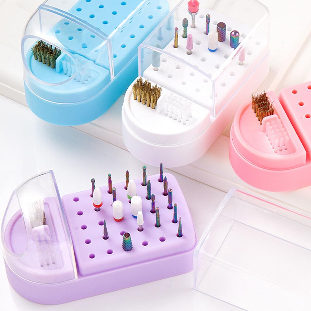 2 In 1 Nail Drill Bits Holder Nail Drill Bits Cleaning Brush Case 30 Holes Nail Art Drill Bits Stand Display Storage Box