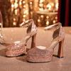 Y-Mary Jane Double Waterproof Table Thick Heel Square Head Word with Sequined Hollow Sandals Lolita Dress