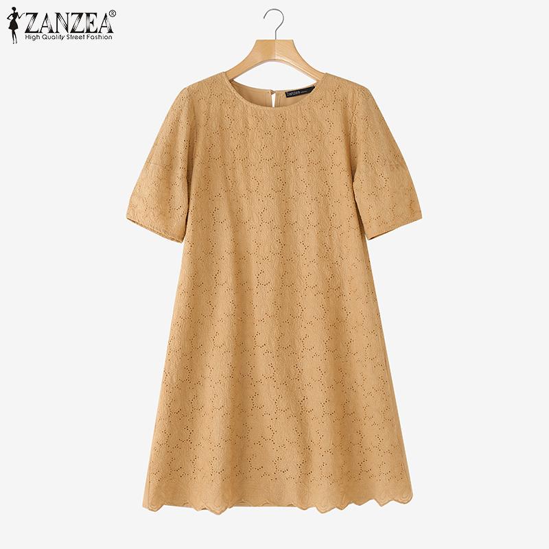 ZANZEA Женское элегантное платье-туника с пышными рукавами, кружевной вставкой спереди, крючком, пэчворк, в повседневном стиле
