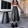 2024 Осень/Зима Женская Черная Юбка Миди А-силуэта с Завышенной Талией из ПУ Кожи