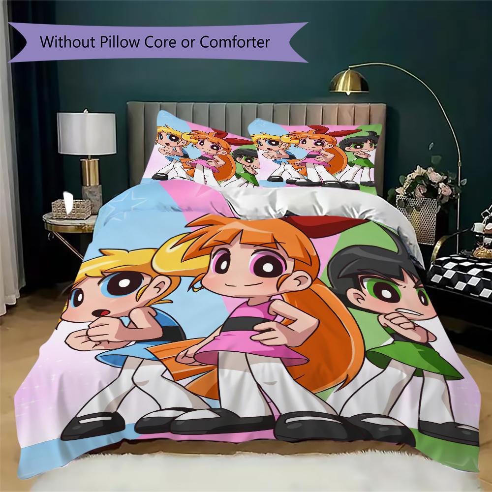 1PC The Powerpuff Girls Bedding Quilt Set Quilt Cover Pillowcase Home Decoration Birthday Gift (1 * duvet cover + 2 * pillowcase, without core)A13