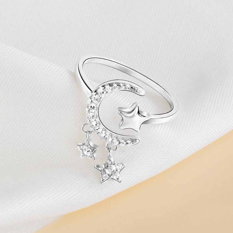 Кольцо Banyan Tree S925 Silver Diamond Star and Moon Tassel Ring - Trendy Open Style для женщин