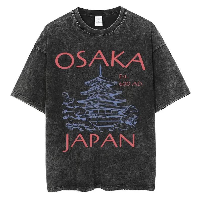 Vintage Osaka Japan Graphic T Shirt Men Washed Cotton Retro City Landmark Print Tee Harajuku Style Summer Top Streetwear