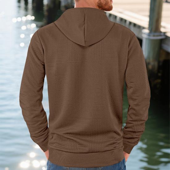 Men Hoodie Jacquard Texture Hooded Drawstring Long Sleeve Pullover Tops with Front Pocket Solid Color Spring Autumn Tops