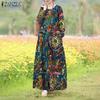 Womens Casual O-neck Long Sleeve Retro Print Long Dress