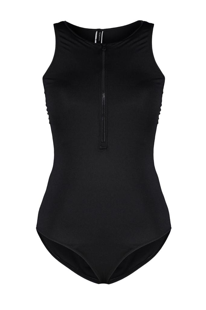 Women's New Season Plus Size Swimsuit Black Zippered Swimsuit with Lifting Effect