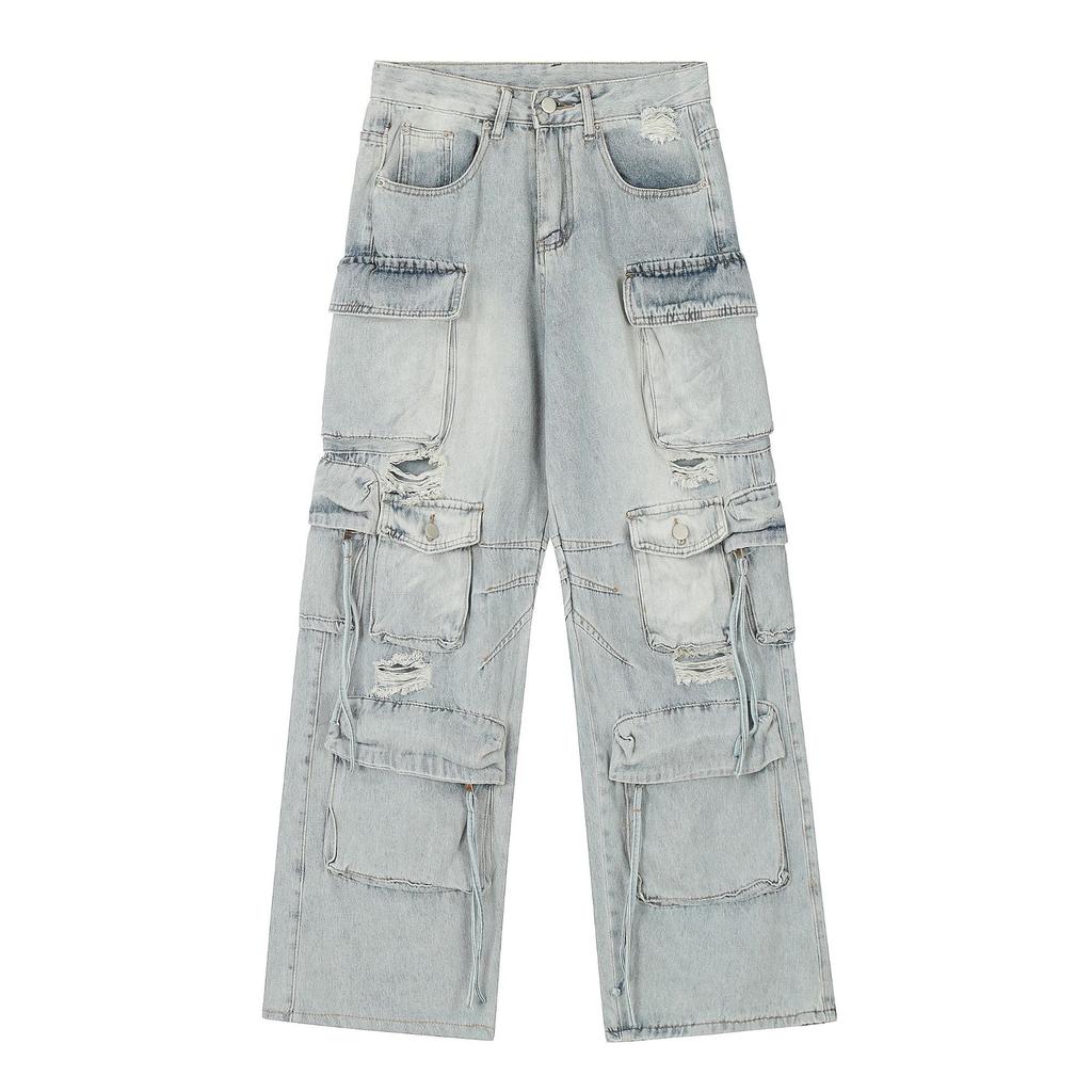 Men's Autumn American RO Wind Heavy Wash Multi-Pocket Jeans Wide Leg Pants