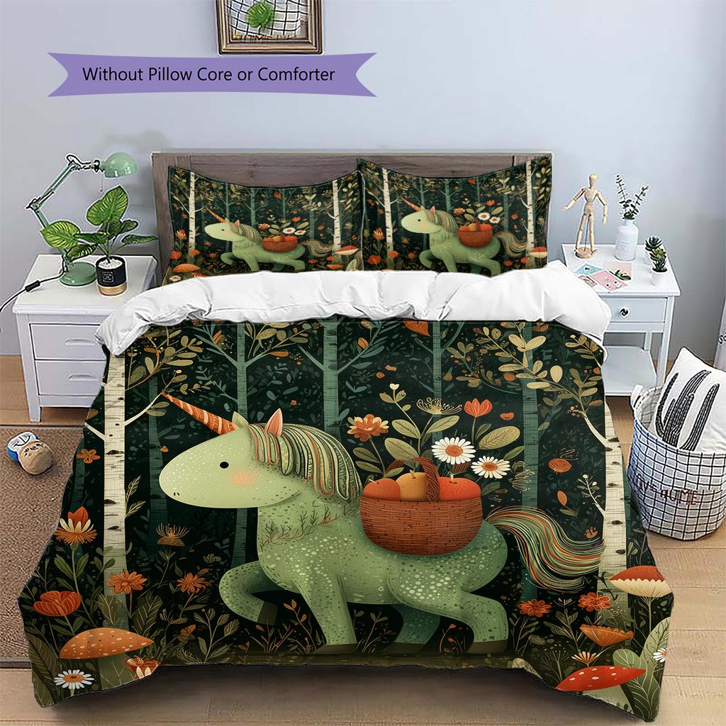 Forest Cartoon Animals Pattern Bedding Quilt Set Home Decoration Gift (1 * duvet cover + 2 * pillowcase without core)