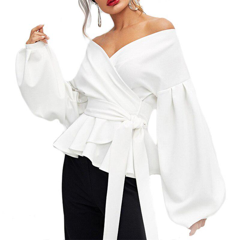 White Office Lady Elegant Lantern Sleeve Surplice Peplum Off the Shoulder Solid Blouse Sexy Women Tops And Blouses