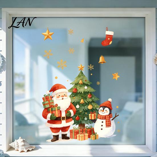 Colorful Holiday Window Art Cartoon Christmas Sticker, Removable Santa Snowman Tree Decal, Waterproof Flexible DIY Stickers Static Cling PVC