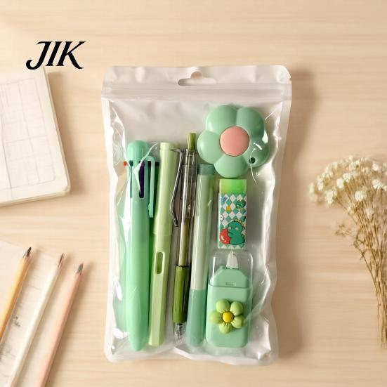 Primary Secondary School Stationery 7PCS Set, Macaron Color Gel Pens/Correction Tape/Cutter/Eraser Include, Learning Supplies Portable Kit with