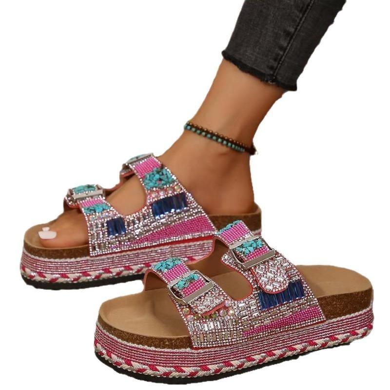 Новые трансграничные внешнеторговые пляжные тапочки из пеньковой веревки с двойной пряжкой из страз, пробковые пляжные тапочки большого размера для женщин