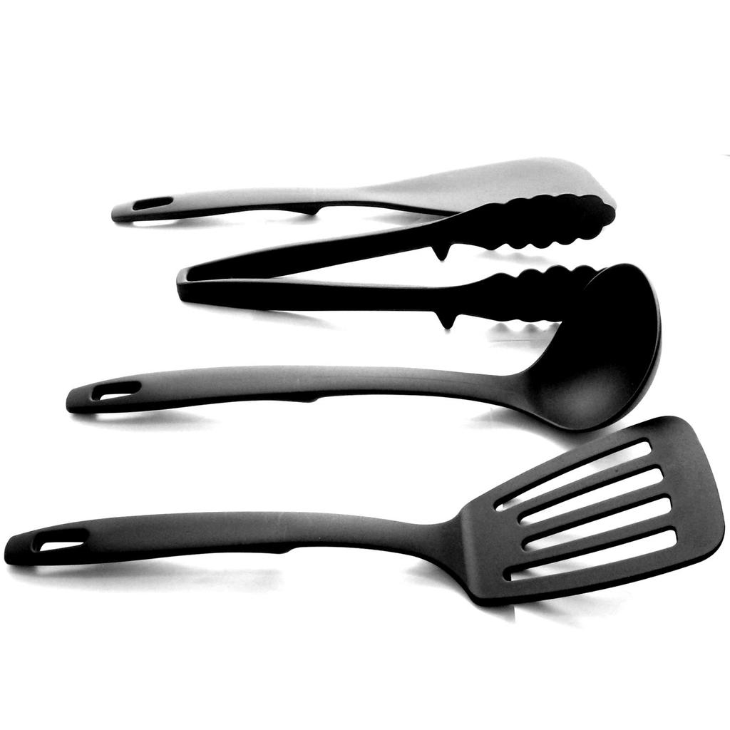 Nagao Kitchen Utensil Set and Made In Japan Tsubame-Sanjo (4 Pieces) Spatula, Ladle, Tongs, Spatula, Black,